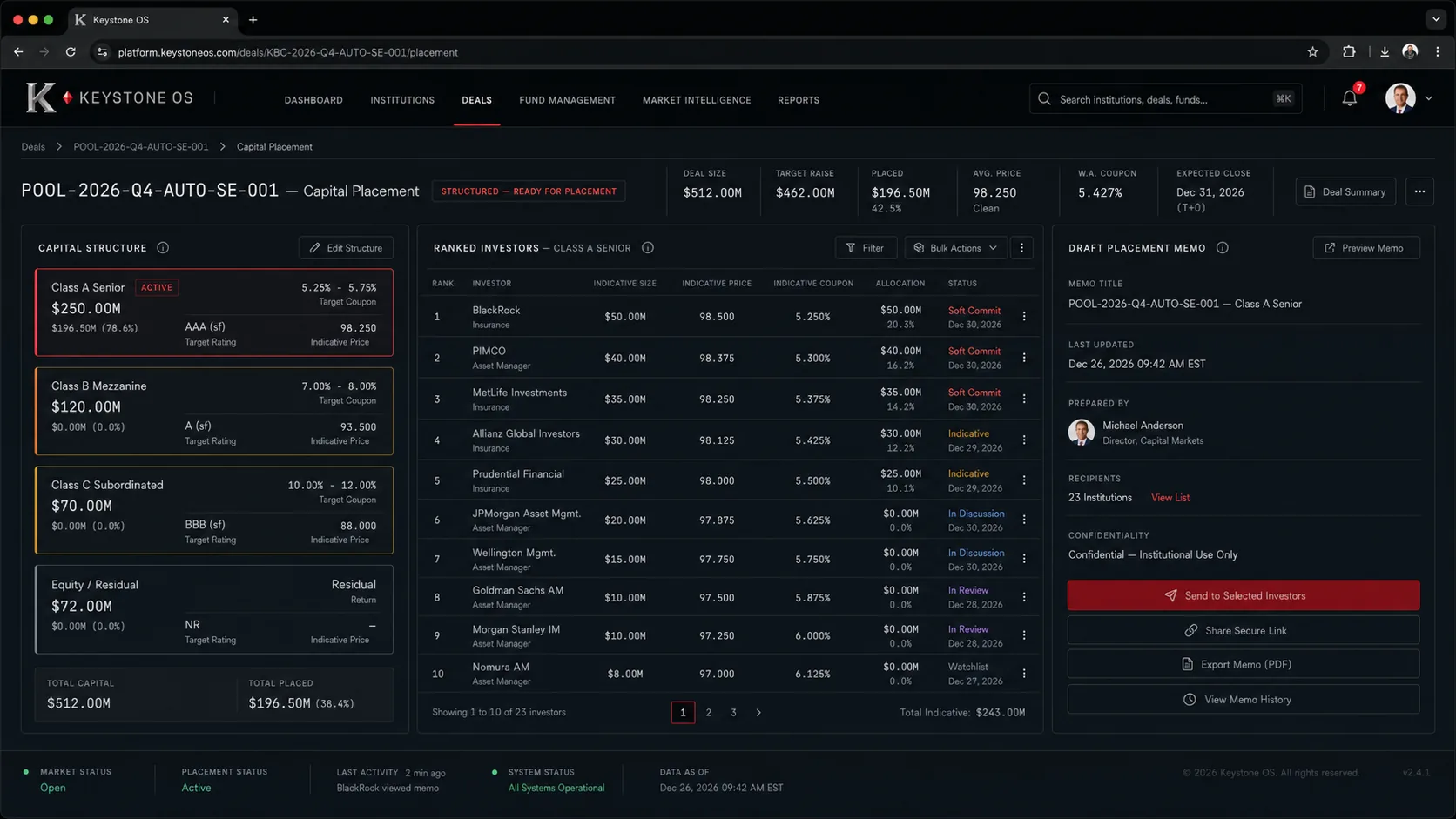Capital Match Engine — live Keystone OS product view